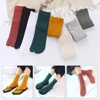 1 Çift Çift Bölünmüş Ayak Tabi Çorap Kimono Düz Renk Flip Flop İki Parmaklı Sandalet Çorap Orta Tüp Pamuk