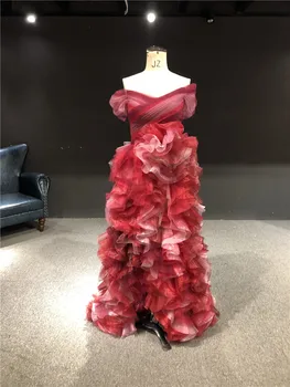 100 % Gerçek Resimler Kırmızı Kapalı Omuz Plise Katmanlı Kısa Kollu A-line Uzun Parti Balo Elbise Dans Elbise Gelin Abiye