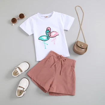 2 Adet Bebek Kız yaz kıyafetleri, Grus Japonensis Desen kısa kollu tişört + Düz Renk Şort İpli, Cep