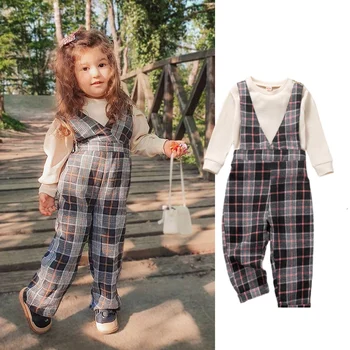 2 Adet Toddler Sonbahar Kıyafeti Kız Giysileri Düz Renk Uzun Kollu T-Shirt + Ekose V Yaka Jartiyer Pantolon 18 Ay 6 Yıl