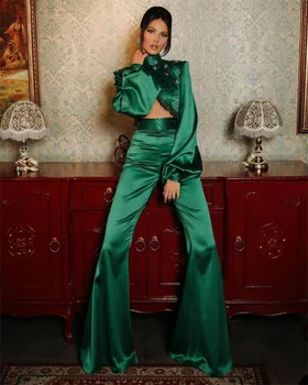 2 Parça Hunter Yeşil Gelinlik Modelleri Boncuk Yüksek Boyun Uzun Kollu Abiye Custom Made Kat Uzunluk Parti Kıyafeti