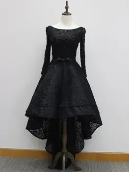2020 Lüks Siyah Uzun Kollu Boncuk Dantel Yüksek Düşük Akşam Elbise Asimetrik Moda Balo Örgün Törenlerinde vestidos de festa