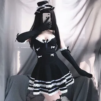 2020 Yeni Seksi Hizmetçi Cosplay Kostümleri Sevimli Siyah Elbise Ve Tanga Seksi Anime Okul Kız Gotik Kıyafet Şapka ve Eldiven kadın İçin