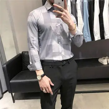2021 erkekler iş resmi elbise geometrik baskılı gömlek Gri uzun kollu slim fit casual gömlek ofis sosyal bluz kimono homme