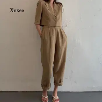 2021 Takım Elbise 2 Parça Setsonbahar Kadın Ayak Bileği Uzunlukta Geniş Bacak Pantolon Yüksek Bel Rahat Düğmeler Cepler Yeni Yaz Ofis Bayan Kıyafeti