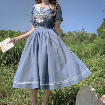 2021 Yaz Japon Lolita Tatlı Yay-düğüm Retro Pamuk Kawaii Tiki Tarzı Kısa Kollu Elbise Kadın Denizci Yaka Donanma Elbise