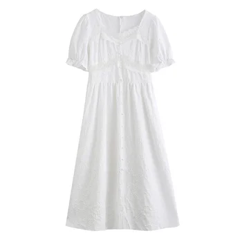 2021 Yaz Kısa Kollu Elbise Edebi Tarzı Kadın Elbise Mizaç Beyaz Dantel Elbise Çok Peri Ethereal Beyaz Uzun Etek