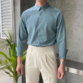 2022 İlkbahar Sonbahar erkek İş Elbise Gömlek Casual Slim Fit Uzun Kollu Erkek Sosyal Gömlek Rahat Katı Chemise Homme V15