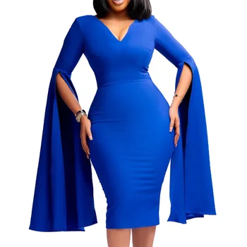 2022 Kırmızı Siyah Mavi Kadınlar için Afrika Elbiseler Sonbahar Afrika Kadın V Yaka Uzun Kollu Diz Boyu Elbise Afrika Giysi