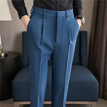 2022 Sonbahar Kış Kalınlaşma İş takım elbise pantalonları Erkekler Elastik Slim Fit Takım Elbise Pantolon Düz Renk Rahat Ofis Sosyal Pantolon