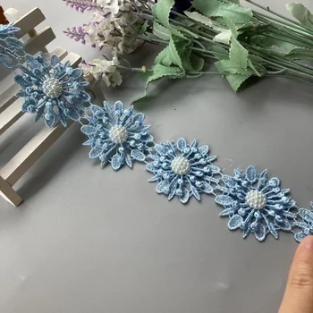 20X Mavi İnci Çiçek Yaprak El Yapımı Boncuklu İşlemeli Dantel Kar Tanesi Trim Şerit Aplike düğün elbisesi Dikiş El Sanatları 5x5cm Sıcak