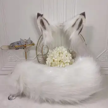 21.5 in beyaz kurt kuyruk ve kurt kulaklar ve yaka-el yapımı hayvan kulaklar-COSPLAY kostümleri-LOLİTA dekoratif aksesuarları-performans