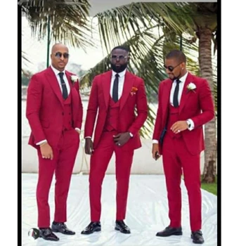 3 Adet Tepe Yaka Kırmızı Erkek Takım Elbise Bir Düğme Çift Meme Yelek Slim Fit Damat Smokin Tailor Made Suit (Ceket + Pantolon + Yelek)