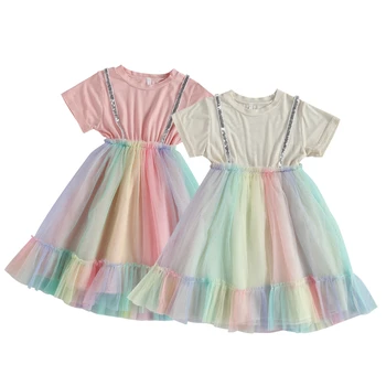 6-11 Yıl Çocuk Kız Prenses Elbiseler, Tatlı Ekip Boyun Kolsuz Çiçekler Dekor Renkli Örgü Tutu Prenses Elbise 2021 Yeni Stil
