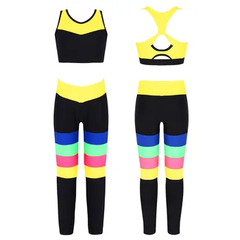 6-14Y Renkli Çocuk Kız Sahne Giyim Setleri Spor Kıyafetleri Kolsuz Mahsul Tops Tayt Yoga Koşu Spor Salonu Egzersiz