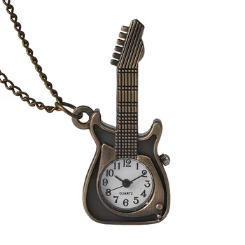 8892New klasik retro cep saati hediye gitar şekli bronz kişilik kuvars cep saati aksesuarları