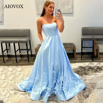 AIOVOX Prenses Straplez Leke Parti Elbiseler Aplikler Zarif Cep Balo Moda A-Line Kat Uzunlukta Abiye
