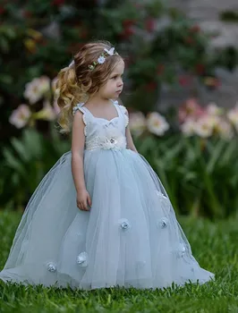 Açık Gökyüzü Mavi Düğün Çiçek Kız Elbise balo elbisesi Güzel 3D Çiçekler Kat Uzunluk Prenses Önlük Doğum Günü Elbise
