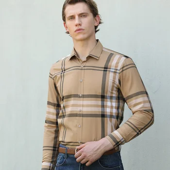 Bahar Casual Gömlek Erkekler Yumuşak Nefes Ekose Turn-Aşağı Yaka Slim Fit İş Gömlek Moda Marka Yüksek Kaliteli Üst Artı Boyutu
