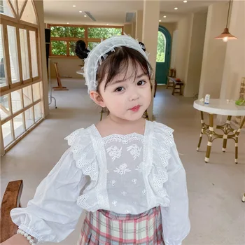 Bahar Dantel Kızlar Uzun Kollu Gömlek Hollow Out Ter Lolita Bluz Toddler Kız Puf Kollu Üst Moda 2-7 Yaşında giysi