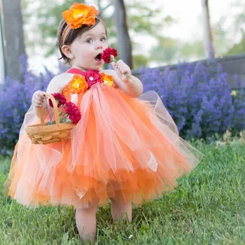 Bebek Kız Turuncu Cadılar Bayramı Çiçek Tutu Elbise Çocuklar Tül Elbise Balo Hairbow ile Çocuk Doğum Günü parti giysileri Elbiseler