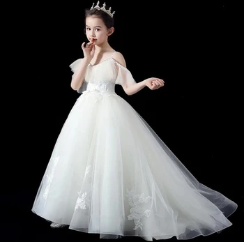 Beyaz Dantel Kuyruk Kız düğün elbisesi Boncuk Çocuklar Kızlar İçin Elbiseler Çocuk Kostüm Prenses Kız Parti Communion Uzun Elbise