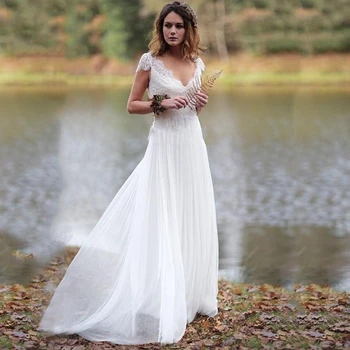Büyüleyici Boho Dantel düğün elbisesi 2023 V Boyun Kap Kollu Bir Çizgi Uzun Yaz Plaj gelinlikler Vestidoe De Noiva