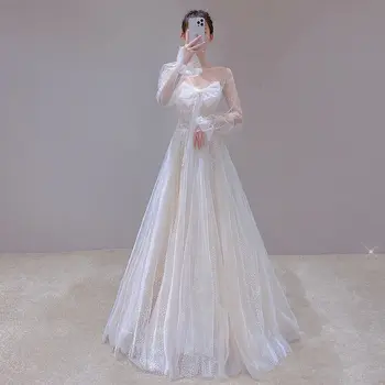 Büyüleyici düğün elbisesi Bordo Nokta Şeffaf Uzun Kollu V Yaka Yay Dekorasyon Vestidos De Novia Romantik Nişan SWD375