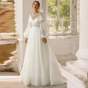 Challoner Seksi Swwtheart Kapalı Omuz Şifon Saten Dantel Aplikler düğün elbisesi Mahkemesi Tren Vintage gelin kıyafeti Robe De Mariée
