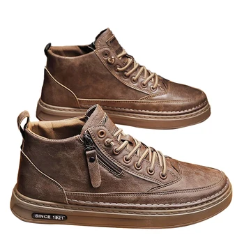 DAFENP erkek ayakkabıları İngiliz Çok Yönlü Yüksek Top Rahat deri ayakkabı Erkekler Vintage Orta Yardımcı Çizmeler