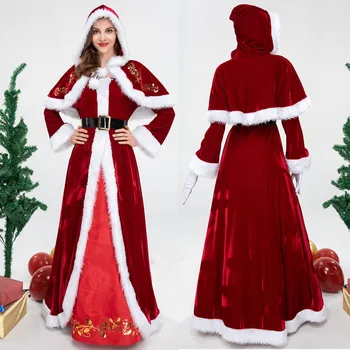 Deluxe Kadife Kadın Noel Elbise Cosplay Noel Baba süslü elbise Yeni Yıl Noel Kostüm Robe Önlük Takım Elbise Yetişkinler İçin