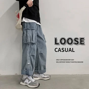 Denim Pantolon Erkek Kot Kot Kargo pantolon Baggy Geniş Bacak Kot Rahat Sonbahar Kış Kore Streetwear Hip Hop Kovboy