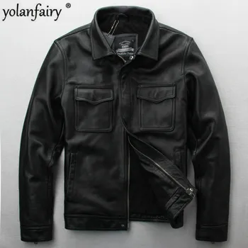 Deri Ceket Erkekler Kore Vintage Hakiki Deri Ceket Gerçek İnek deri ceketler erkek Streetwear Motosiklet Ceket Siyah YY483