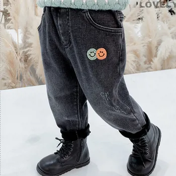 DFXD Kış Çocuk Erkek Kız Gülümseme Yüz Polar Kalınlaşmak Kot Pantolon Rahat Uzun Gevşek Denim Pantolon çocuk Pantolon 1-7Yrs