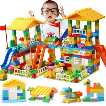 DIY Renkli Şehir Aile Evi Oyuncak Playset Büyük Yapı Taşı Toddlers için Mutlu Çocukluk Anlar Oyunları Legoınglys Duplo Slayt