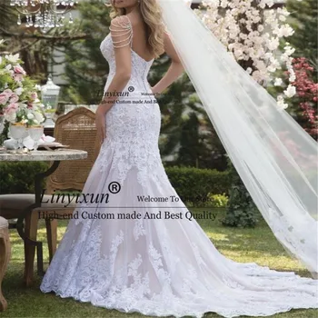 Düğün elbisesi 2021 Kısa Kollu Aplikler Mermaid Gelin Elbise Ayrılabilir Tren İle vestidos de novia Overskirt Gelinlikler