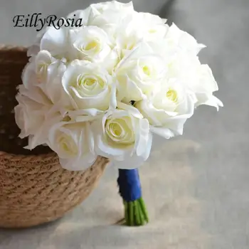 EillyRosia Krem Beyaz Gelin Buketi Mavi Kurdele Gerçek Dokunmatik Tutan Çiçekler Yapay Nedime Kilise Düğün Buket Chic