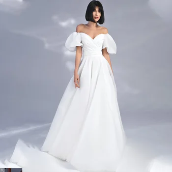 Elegnat A-Line düğün elbisesi Kısa Kollu Puf Saten Sevgiliye Gelinler Törenlerinde Kadınlar İçin Sivil Robe De Mariee 2022 Dantel Geri