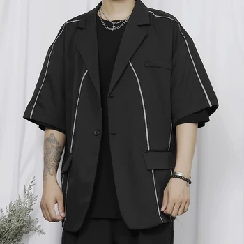 Erkek Büyük Yeni Takım Elbise Ceket Japon Siyah Rüzgar Yansıtıcı Tasarım İnce 5 Kollu Gevşek günlük giysi Ceket