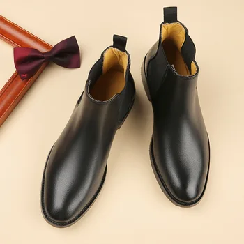erkek casual iş ofis kariyer resmi elbise hakiki deri çizmeler siyah kahverengi tasarım ayakkabı kovboy chelsea çizme kısa botas