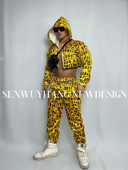 Erkek Giyim Seti Mektup Kapşonlu Hip Hop Kısa Ceket + Spor Pantolon Yeni Bar Erkek Şarkıcı Sahne Dans Performansı Sarı Halat Bebes