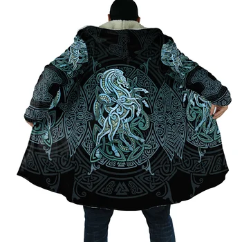 Erkek Kış kapüşonlu pelerin Viking Kurt Odin Raven Dövme 3D Baskı erkek Yün kapüşonlu pelerin Unisex Rahat Kalınlaşmış Pelerin ceket FN01