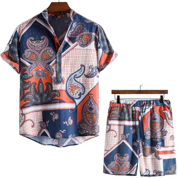Erkek Paisley Baskı 2 Parça Set Gömlek ve Şort Hipster Yaz Kısa Kollu Hawaii Gömlek Takım Elbise Tatil Tatil Kıyafetler Setleri