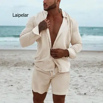 Erkekler Hawaii Setleri Plaj 2022 Yaz Uzun Kollu Standı Yaka Gömlek Kurulu Şort 2 Parça Streetwear Pamuk Keten Erkek Setleri