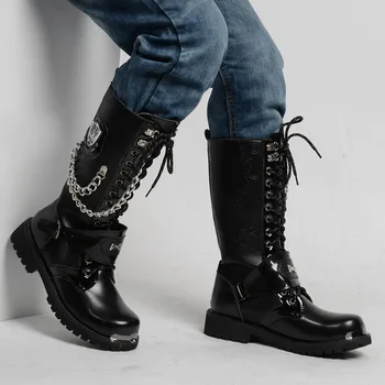 Erkekler Moda Motosiklet Botları Orta buzağı askeri postal Gotik Kemer serseri çizmeler erkek ayakkabısı Yüksek Top günlük çizmeler Zapatos Hombre