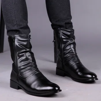 erkekler rahat yumuşak deri çizmeler siyah trend marka tasarım ayakkabı yüksek top kovboy çizmesi parti gece kulübü elbise motosiklet uzun botas