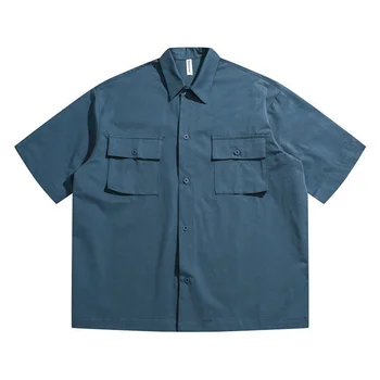 Erkekler Yaz Gömlek Japon Kore Kampüs Cityboy Rahat Gevşek Vintage Kısa Kollu Kargo Gömlek Kadın Erkek Streetwear Gömlek