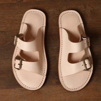Gerçek El Yapımı Deri Terlik Erkekler Vintage Toka Tasarım Inek Derisi Dışında Slaytlar Yaz Erkek Ayakkabı Kaymaz Düz rahat ayakkabılar