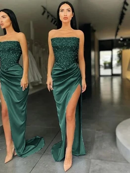 Glitter Sequins Lüks Zarif Moda Kadın Tüp Üst Saten Örgün Parti Yan Yüksek Yarık Yeşil Arap Balo Abiye Vestido