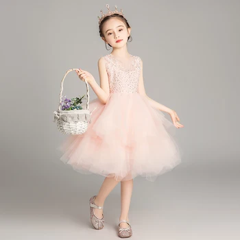 Glitz Boncuklu Dantel Resmi Çiçek Kız Elbise Düğün için Çocuklar Yürümeye Başlayan Katmanlı Tül doğum günü partisi elbisesi Prenses Noel Önlük